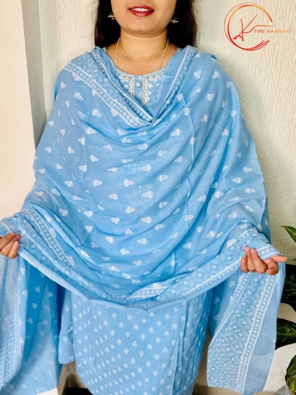 Sea Blue butti printed 3 piece cotton suit - Image 3