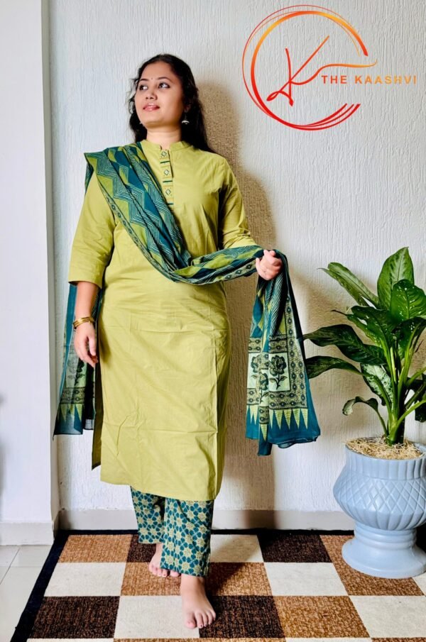 Olive Green cotton suit set with printed dupatta