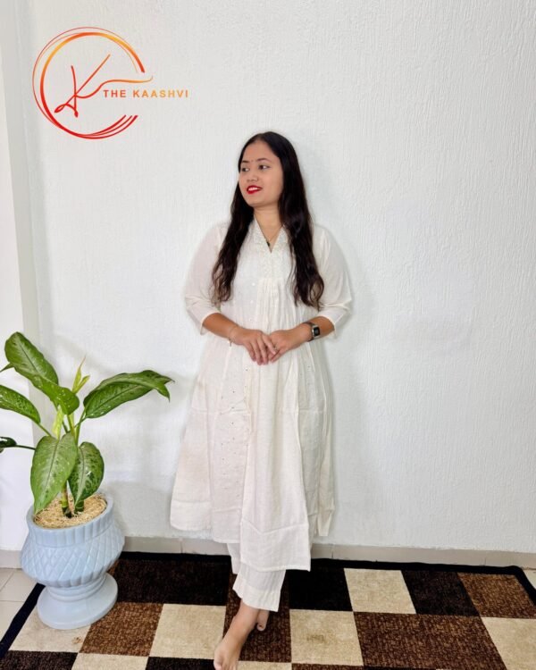Anarkali off white khadi cotton 2 piece set - Image 3