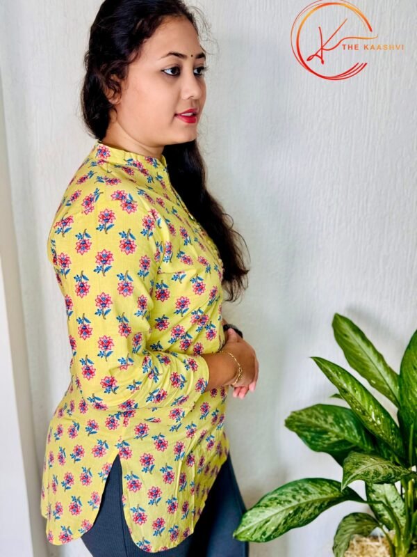 Lemon floral cotton short Kurti - Image 2