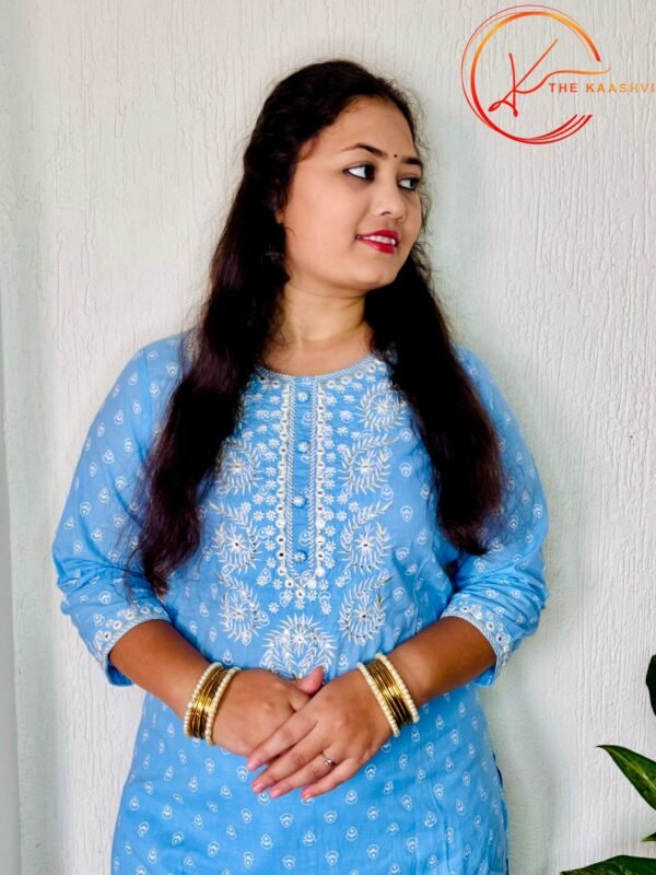 Sea Blue butti printed 3 piece cotton suit - Image 6