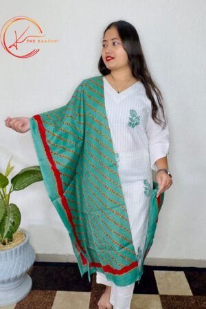White V neck 3 piece suit with green dupatta