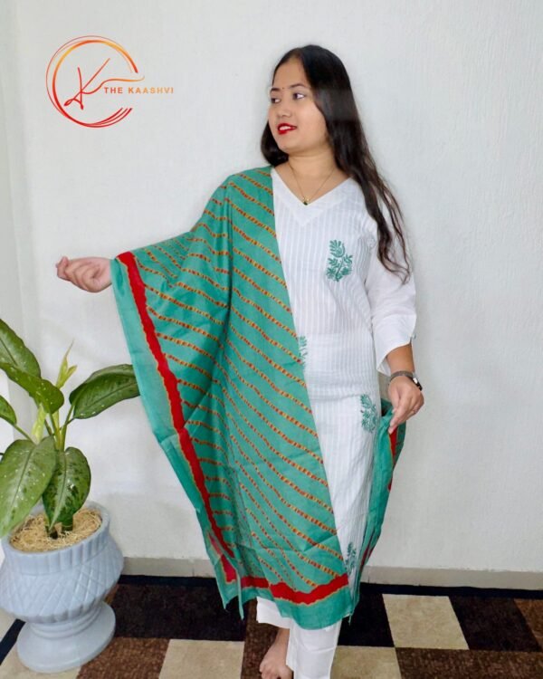 White V neck 3 piece suit with green dupatta