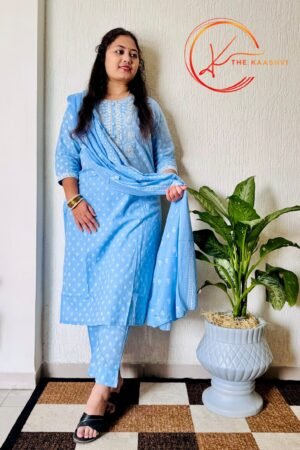 Sea Blue butti printed 3 piece cotton suit