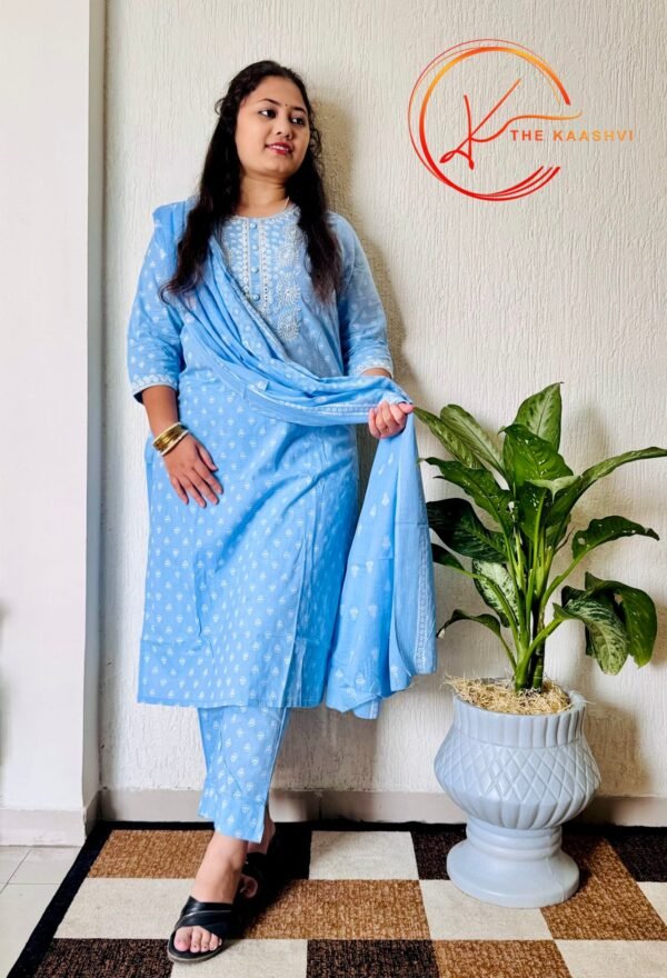 Sea Blue butti printed 3 piece cotton suit