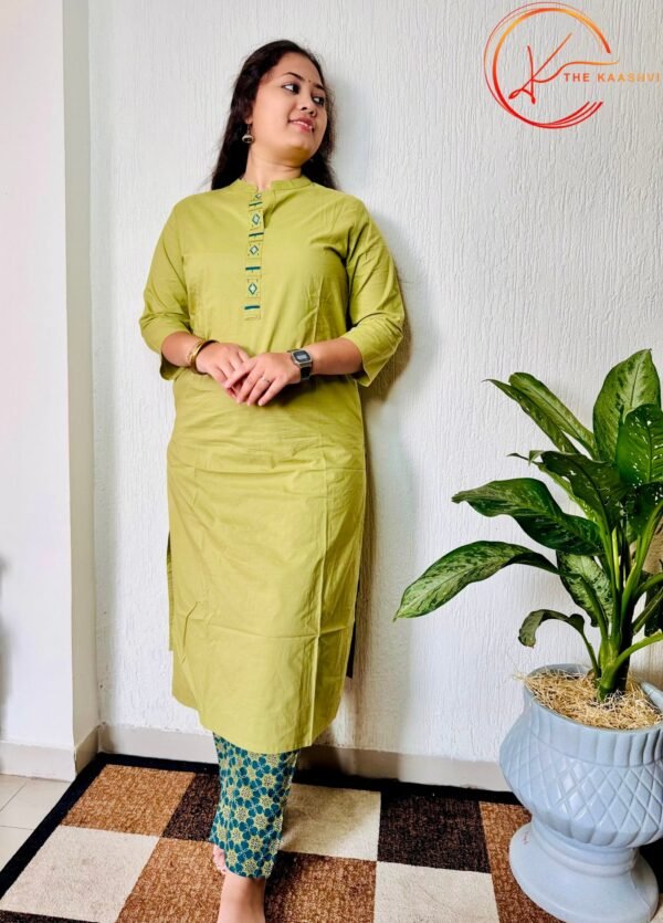 Olive Green cotton suit set with printed dupatta - Image 2