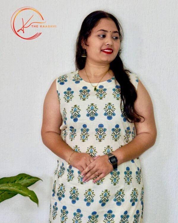Pure white cotton co ord set with blue butti design - Image 2