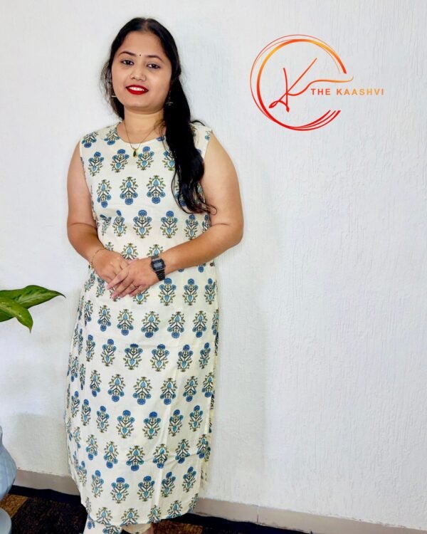 Pure white cotton co ord set with blue butti design - Image 4