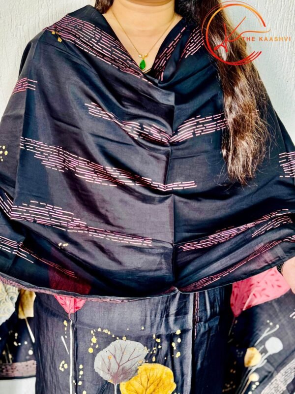 Black Printed Modal Silk suit set with printed dupatta - Image 3