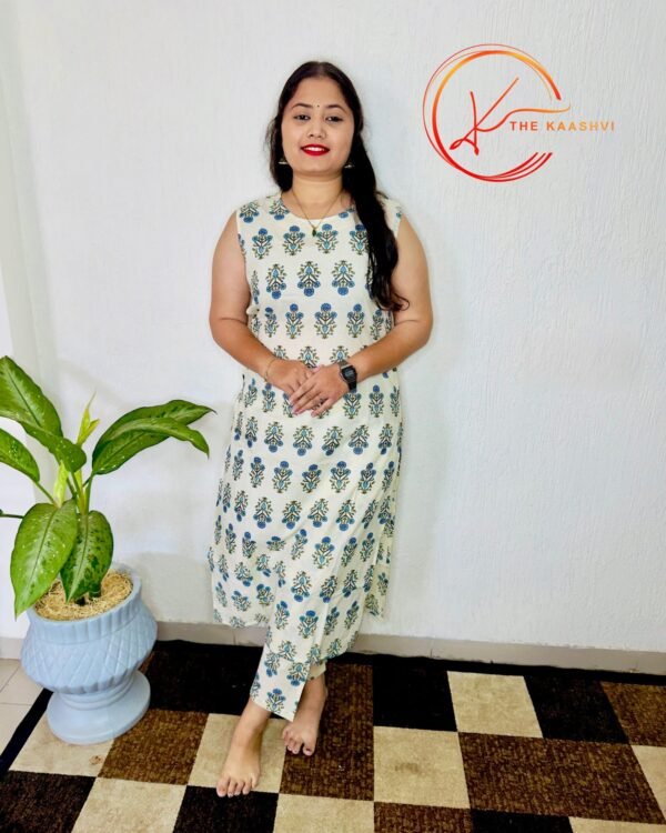 Pure white cotton co ord set with blue butti design
