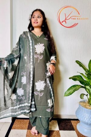 V neck bottle green floral 3 piece suit