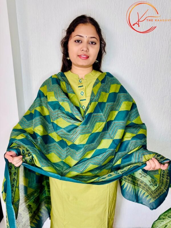 Olive Green cotton suit set with printed dupatta - Image 3