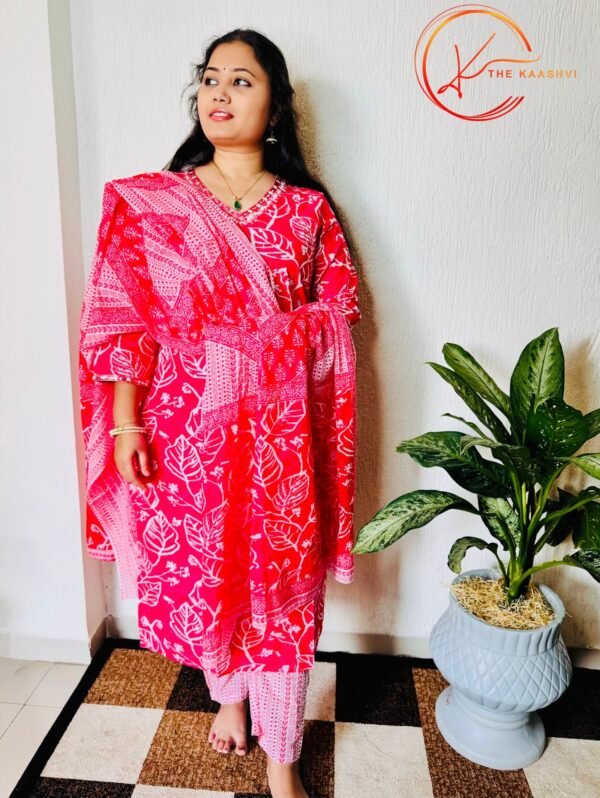 Pink leaf printed cotton suit set with printed dupatta