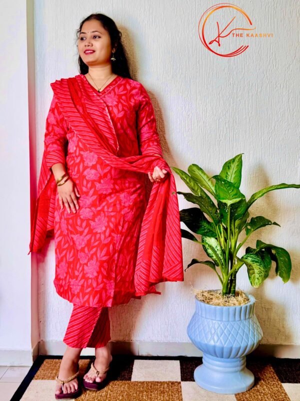 Red Floral V neck 3 piece suit