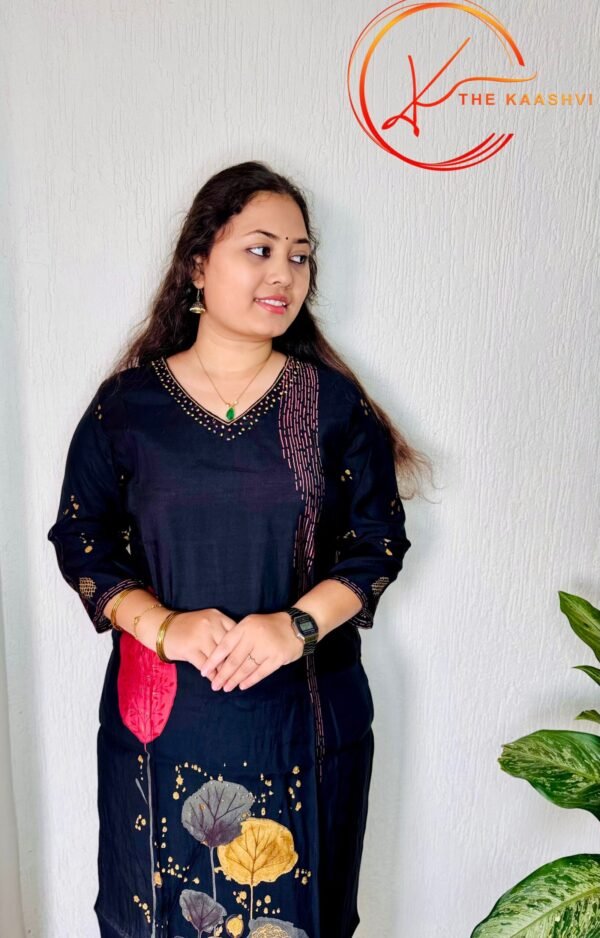 Black Printed Modal Silk suit set with printed dupatta - Image 2