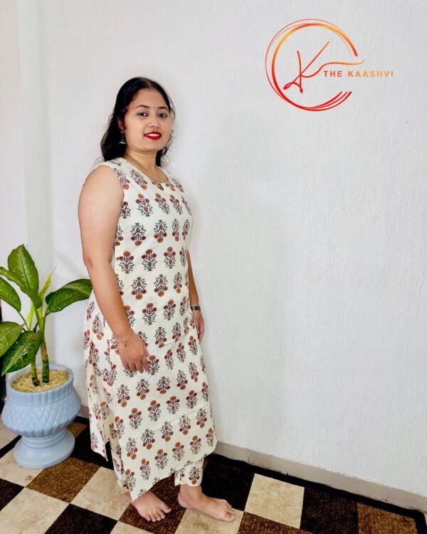 Pure white cotton co ord set with red butti design - Image 4
