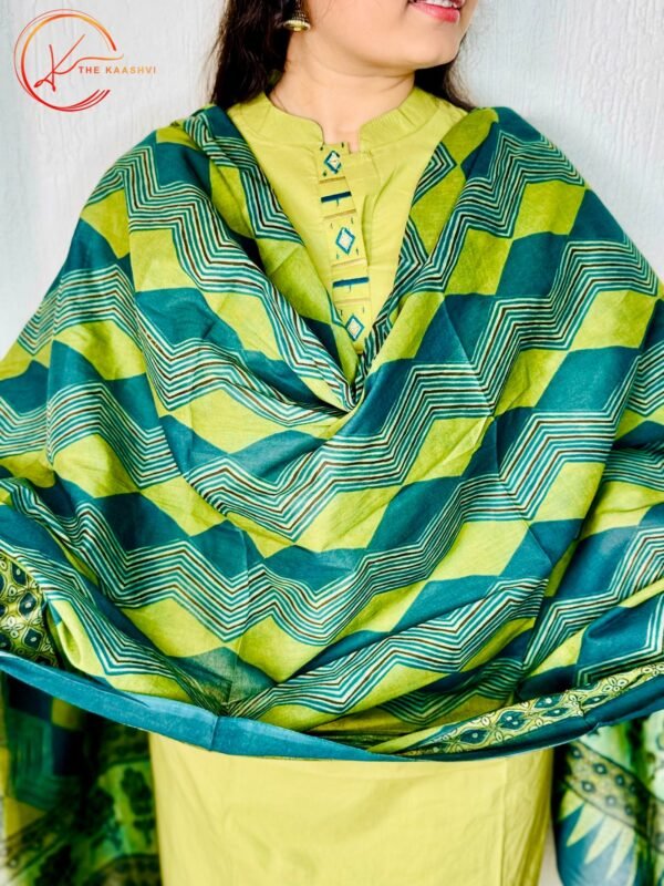Olive Green cotton suit set with printed dupatta - Image 5