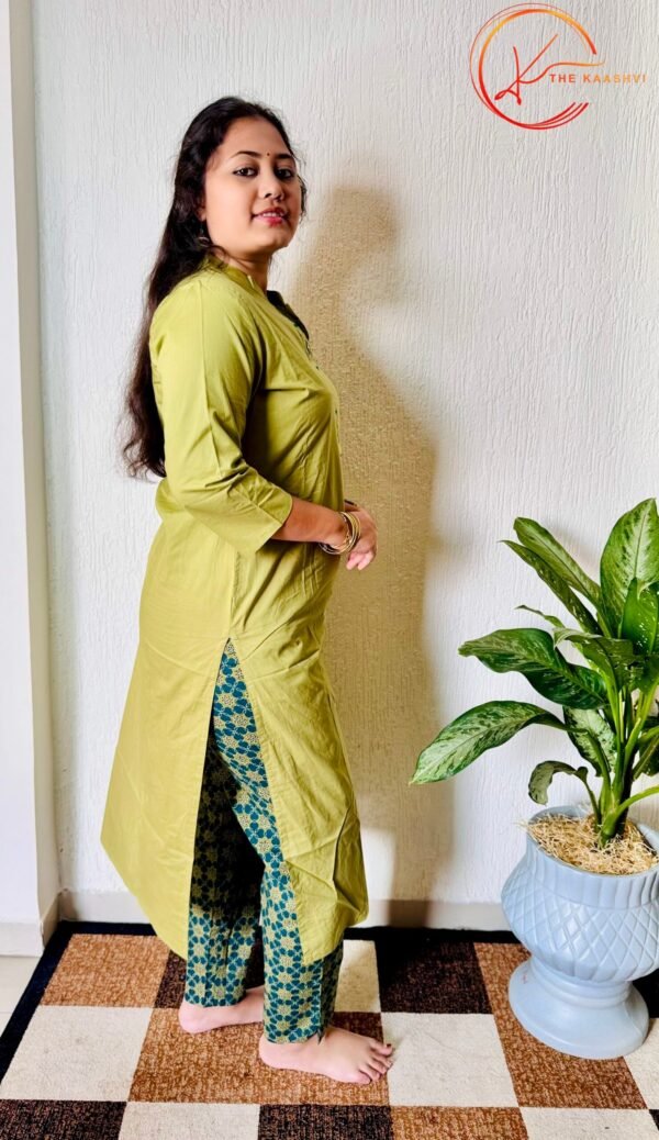 Olive Green cotton suit set with printed dupatta - Image 4