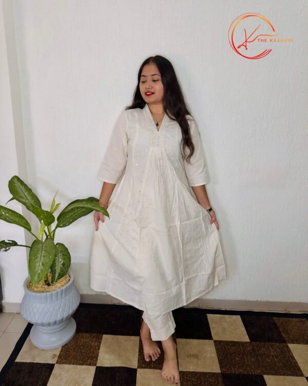 Anarkali off white khadi cotton 2 piece set - Image 4