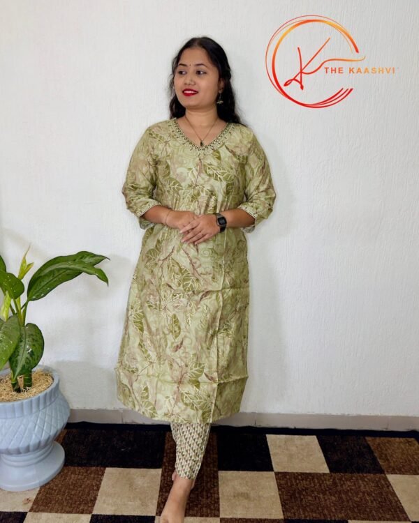 V neck leaf printed 2 piece set