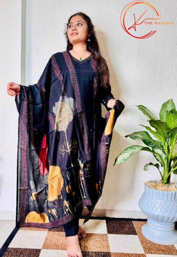 Black Printed Modal Silk suit set with printed dupatta