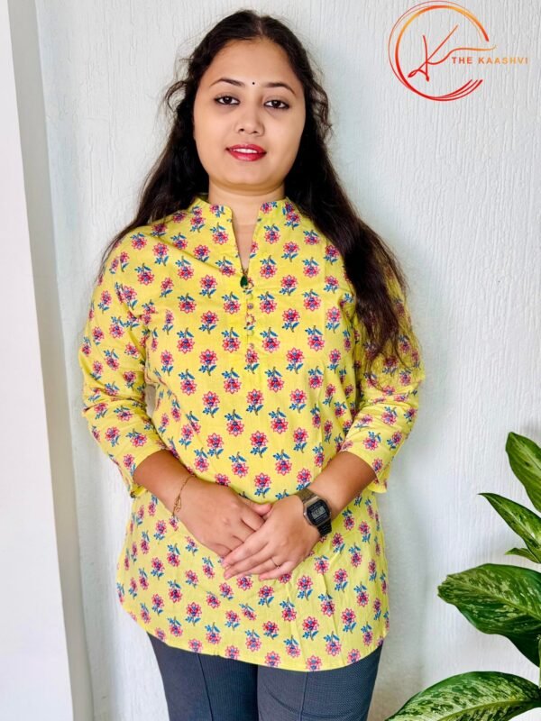 Lemon floral cotton short Kurti - Image 4