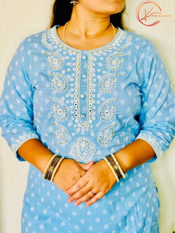 Sea Blue butti printed 3 piece cotton suit - Image 2