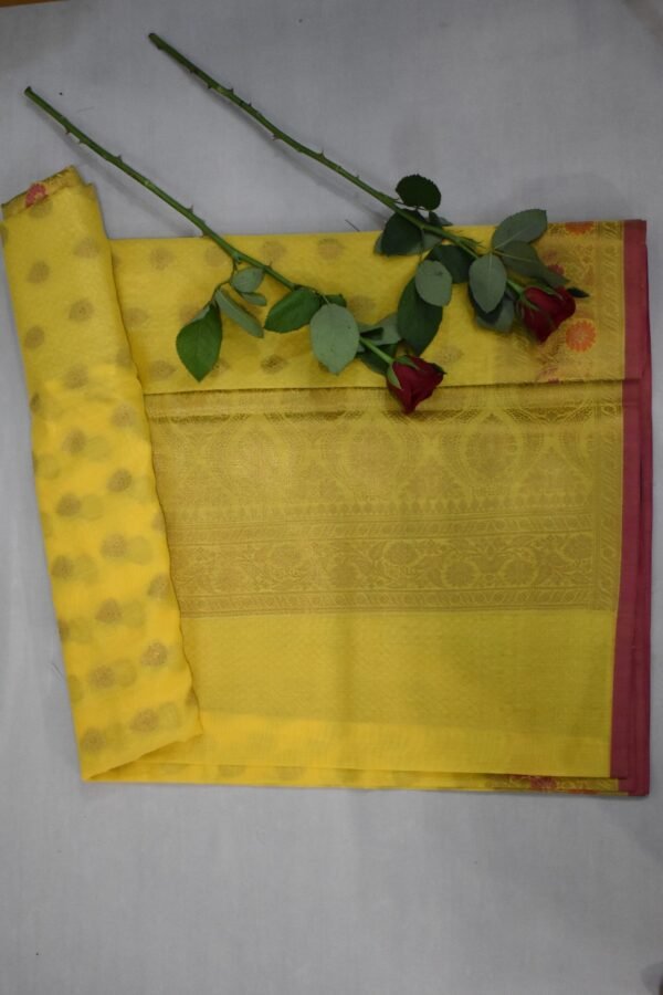 Yellow Cotton Silk Butti Banarasi Saree - Image 6