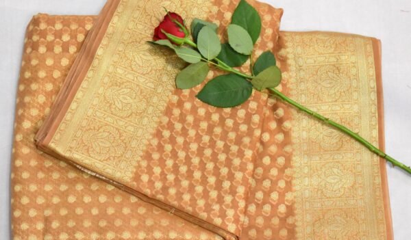 Beige Golden Cora Buttiwork Banarasi Saree - Image 7