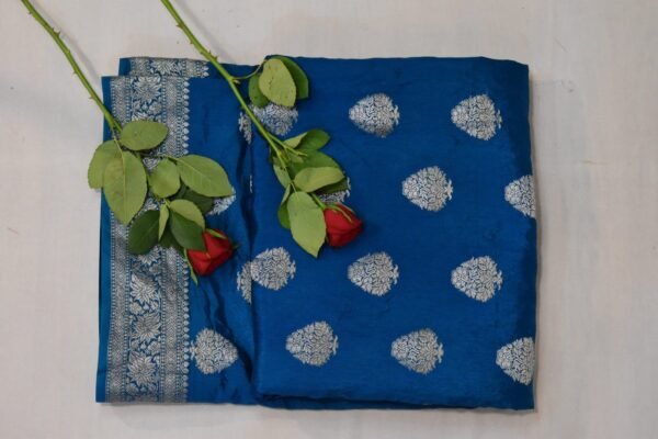 Peacock Blue Gold-Silver Zariwork Banarasi Saree - Image 3