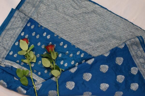 Peacock Blue Gold-Silver Zariwork Banarasi Saree - Image 2