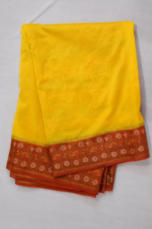 Bright Yellow With Red Border Cora Banarasi Silk Saree - Image 8