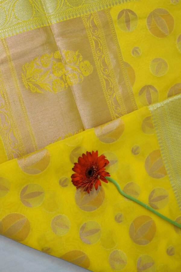 Lime Yellow Dupion Silk Banarasi Saree - Image 4