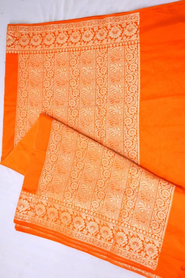 Bright Orange Golden Border Dupion Plain Banarasi Silk Saree - Image 8