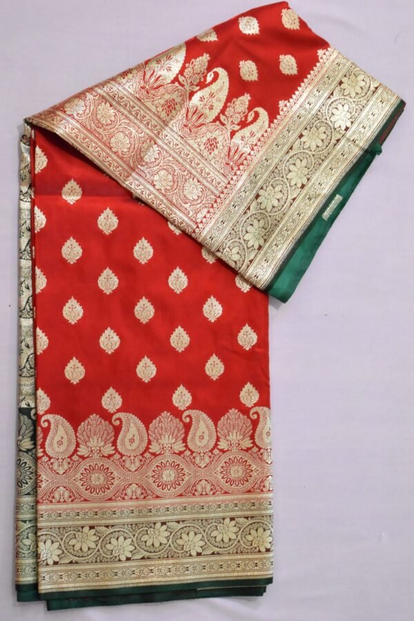 Golden Red Heavy Butti Work Nylon Silk Banarasi Saree Buty - Image 7