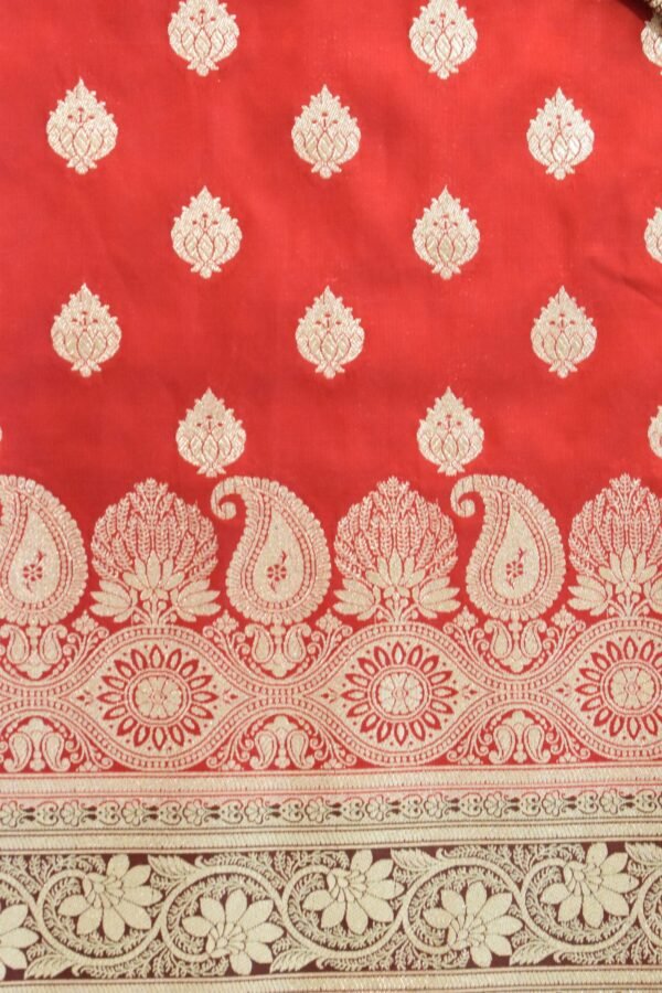 Golden Red Heavy Butti Work Nylon Silk Banarasi Saree Buty - Image 8