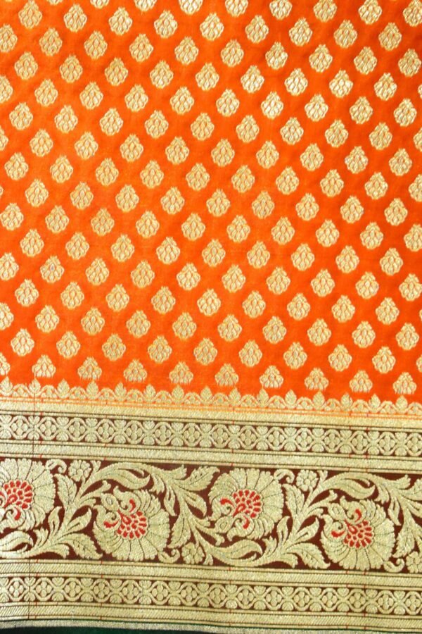 Golden Yellow Heavy Butti Work Nylon Silk Banarasi Saree - Image 4