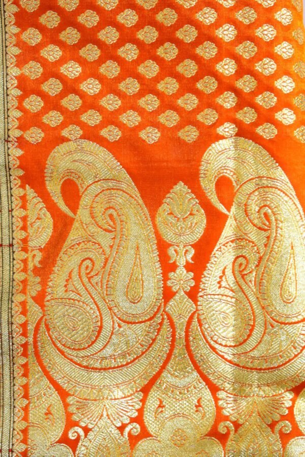 Golden Yellow Heavy Butti Work Nylon Silk Banarasi Saree - Image 5