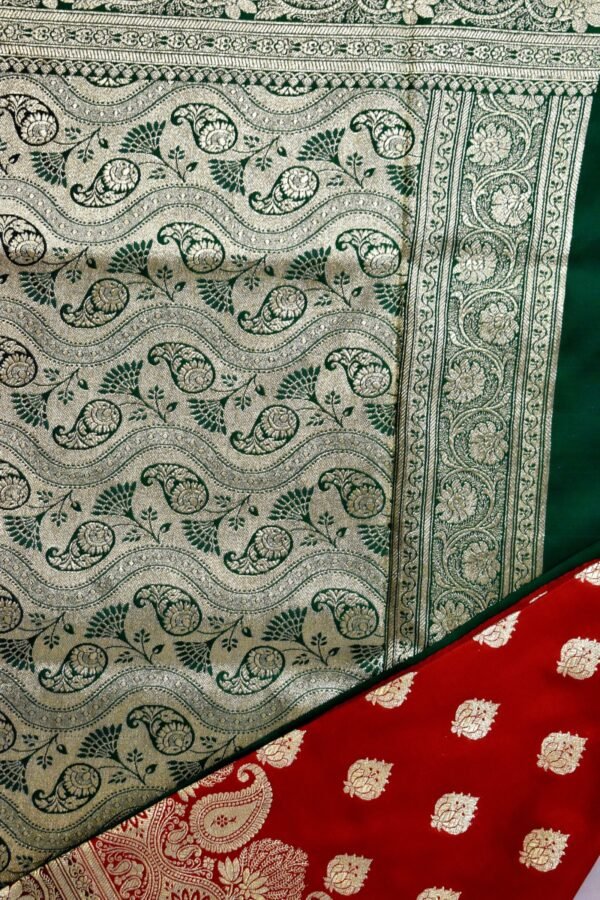 Golden Red Heavy Butti Work Nylon Silk Banarasi Saree Buty - Image 6