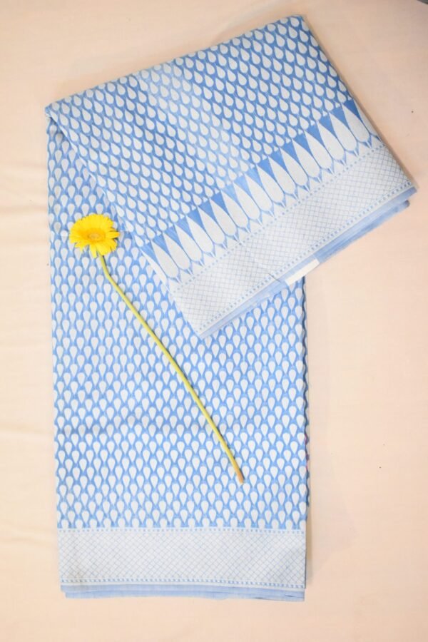 Sea Blue With White Butti Cotton Banarasi Saree - Image 7