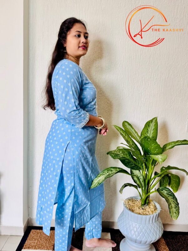 Sea Blue butti printed 3 piece cotton suit - Image 4