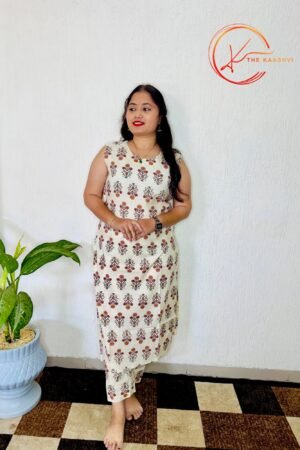 Pure white cotton co ord set with red butti design