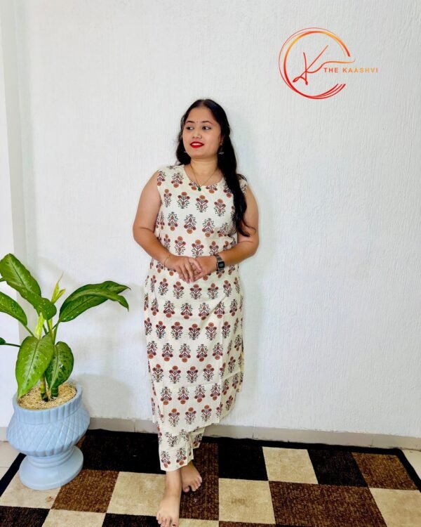 Pure white cotton co ord set with red butti design
