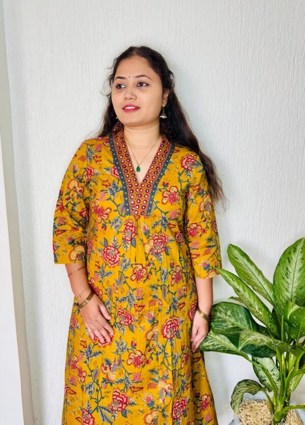 V-neck Mustard Anarkali Dupatta Set in pure cotton with Plazzo pant. - Image 5