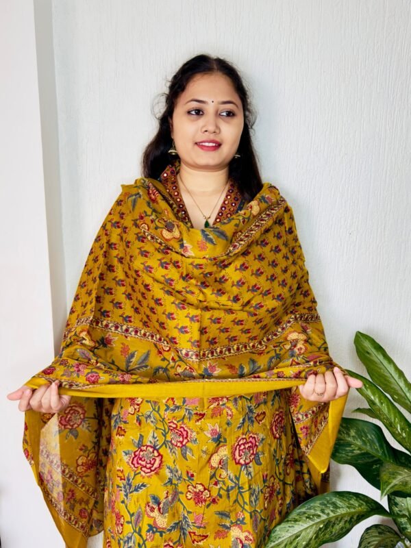 V-neck Mustard Anarkali Dupatta Set in pure cotton with Plazzo pant. - Image 2