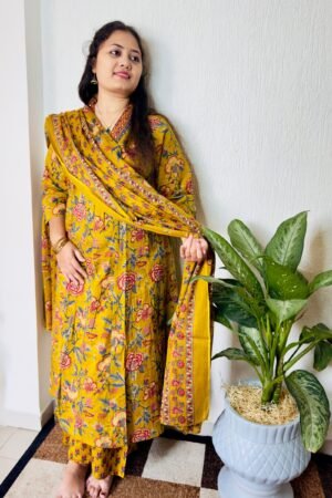 V-neck Mustard Anarkali Dupatta Set in pure cotton with Plazzo pant.