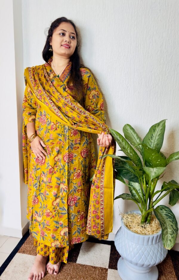 V-neck Mustard Anarkali Dupatta Set in pure cotton with Plazzo pant.
