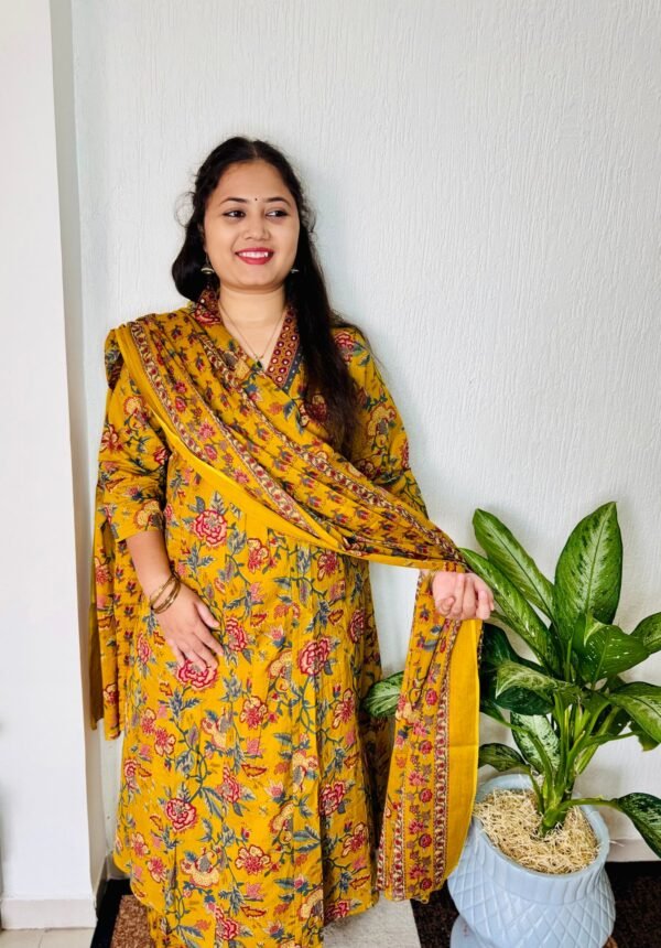 V-neck Mustard Anarkali Dupatta Set in pure cotton with Plazzo pant. - Image 3