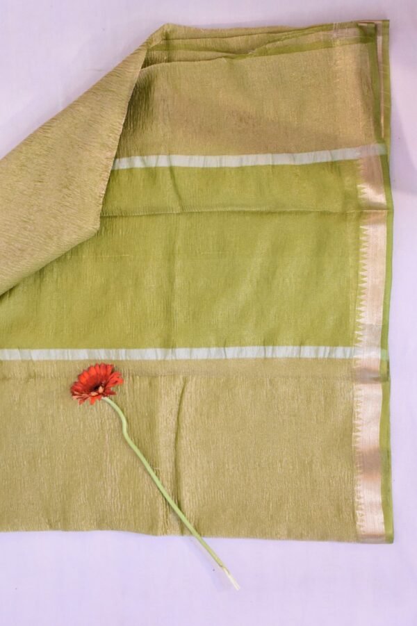 Olive Green Tissue Crush With Golden Border Banarasi Saree