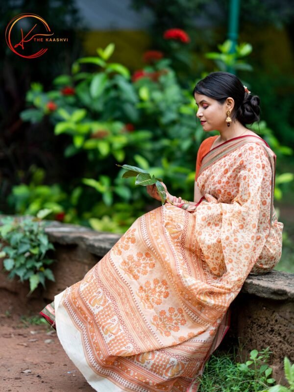 Peach Cotton Saree with Maroon Golden Border - Image 4